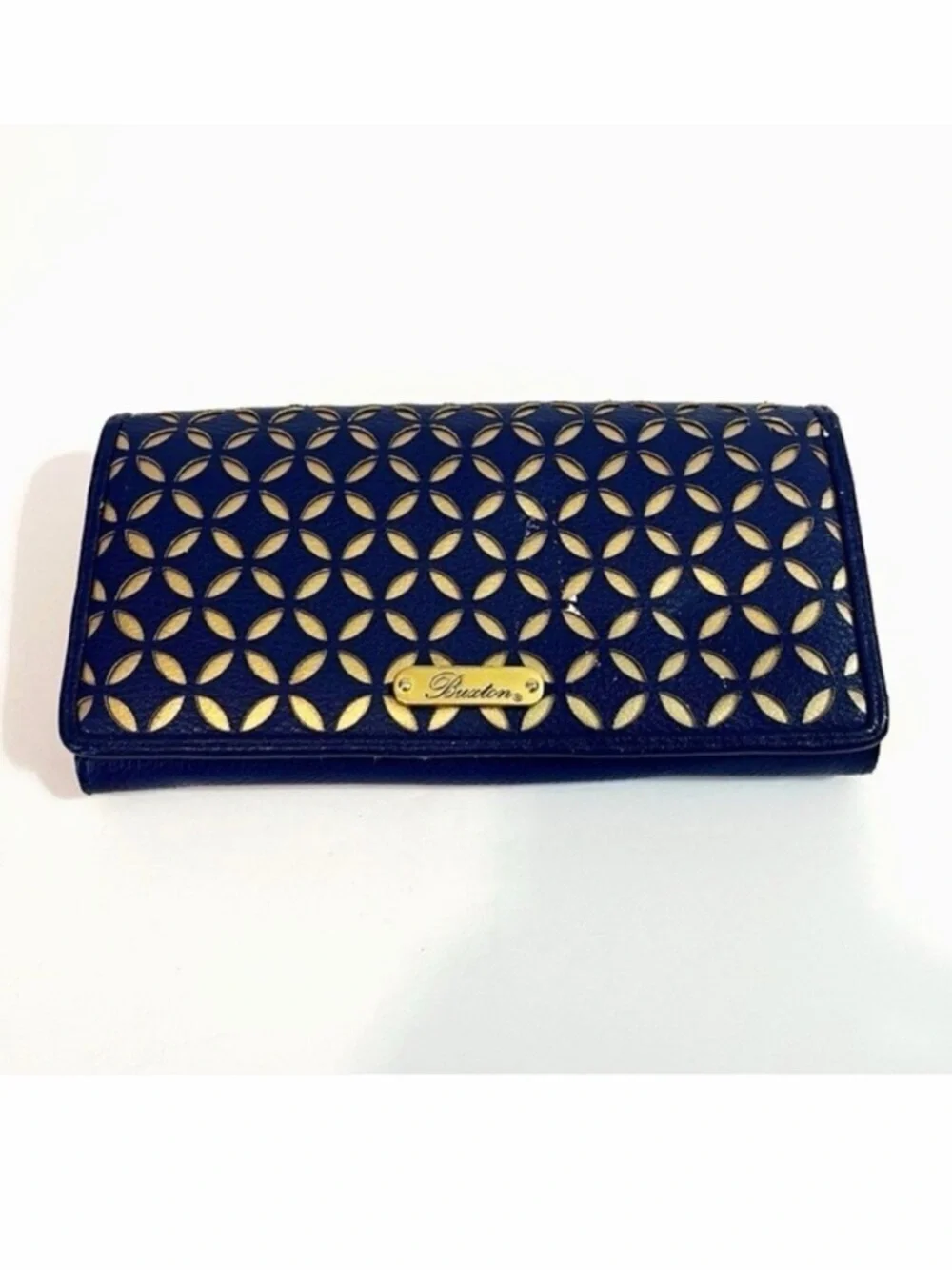 Buxton Womens Wallet Blue & Gold Lazer Cut Organizer Travel Zipper ID Holder